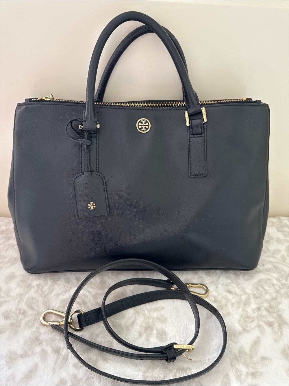 Tory Burch Robinson Double Zip Tote Black Saffiano Leather with Crossbody Strap